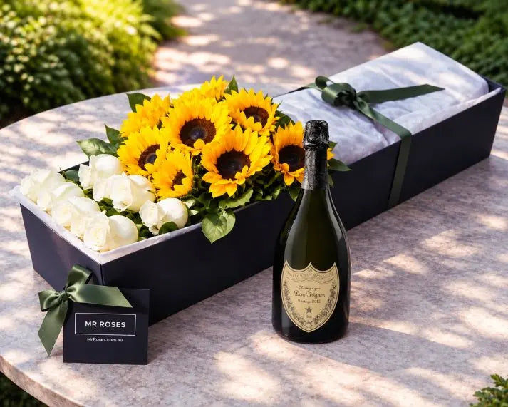 Sunflowers, White Roses & Champagne
