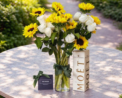 Sunflowers, White Roses & Champagne