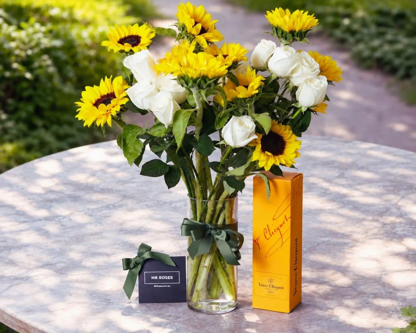 Sunflowers, White Roses & Champagne