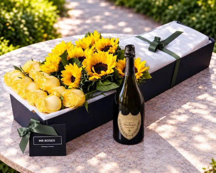 Sunflowers, Yellow Roses & Champagne