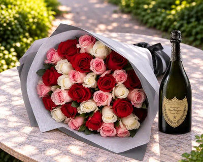 Tri-Colour Rose Bouquet & Dom Pérignon
