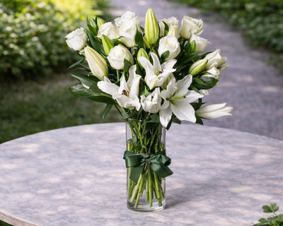 white lilies and white roses flower arrangement