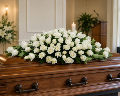 gorgeous white roses casket flowers
