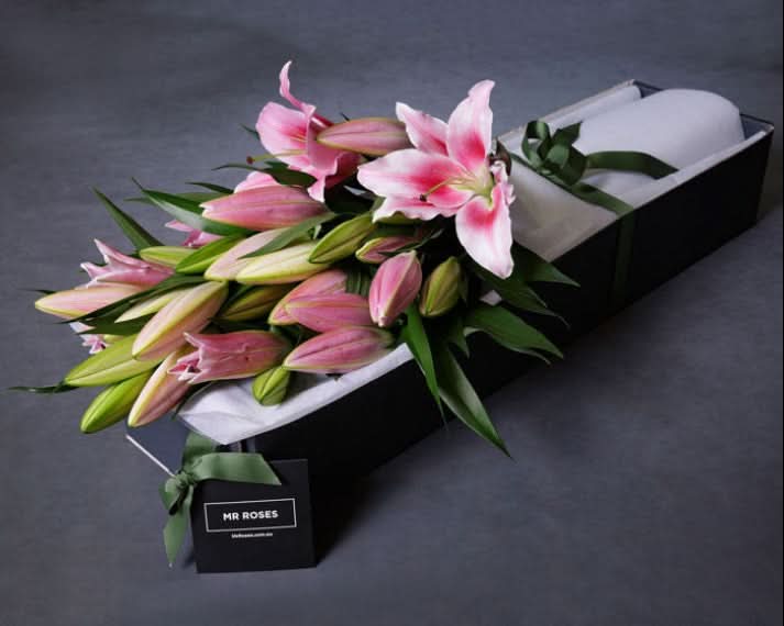 pink lily flower in mr roses gift box