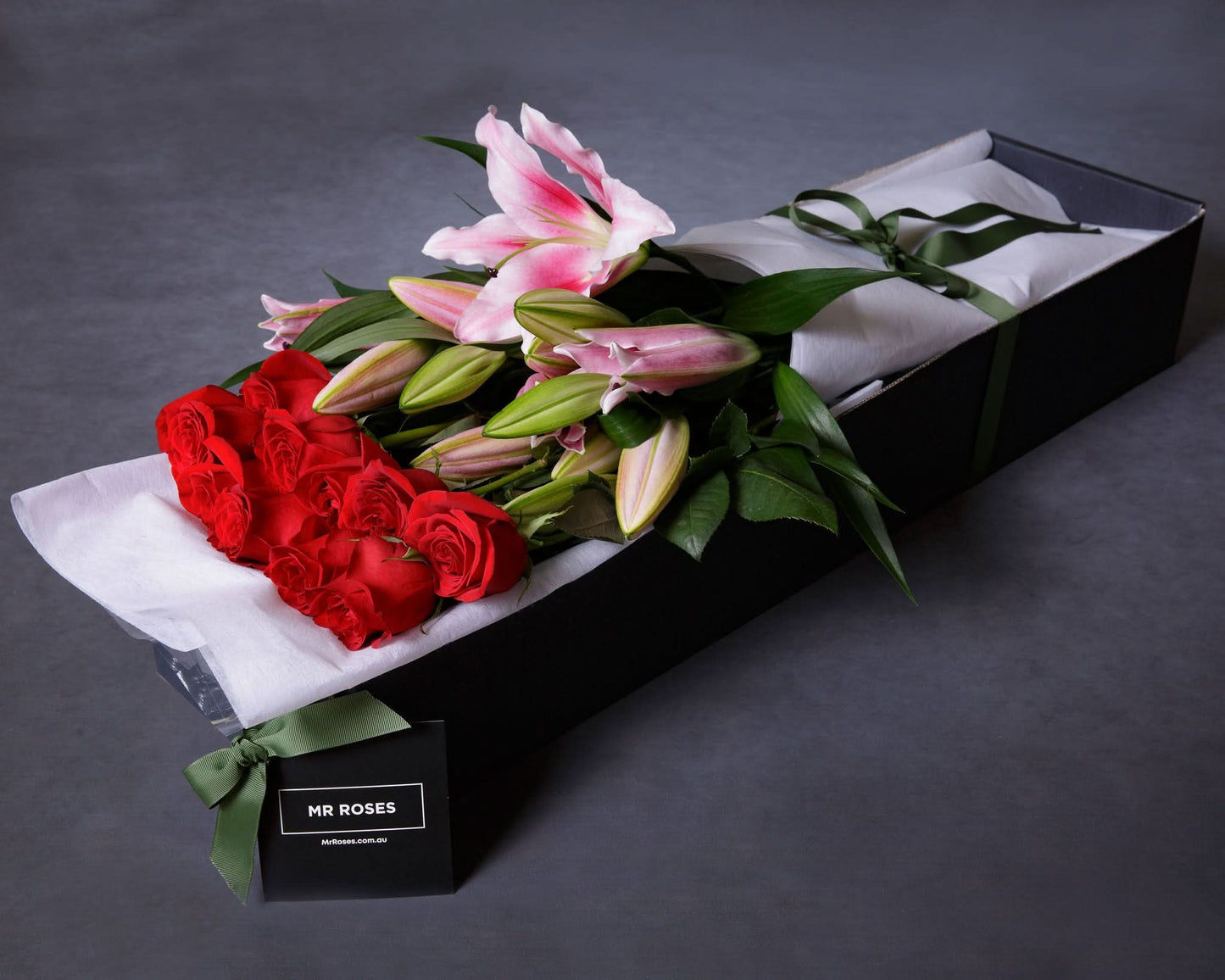 pink lilies and red roses flower arrangement in mr roses gift box