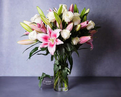 fragrant pink lilies and white roses flower arrangement 