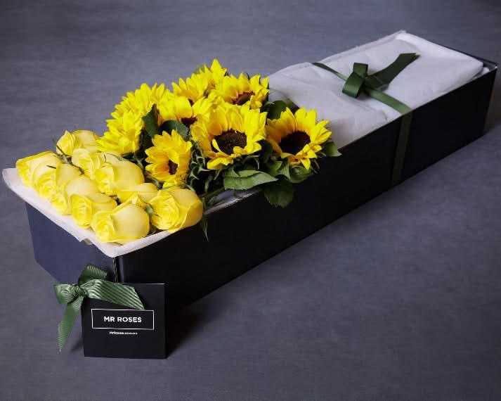 Sunflowers & Yellow Roses Flower Arrangement in Mr Roses Gift Box