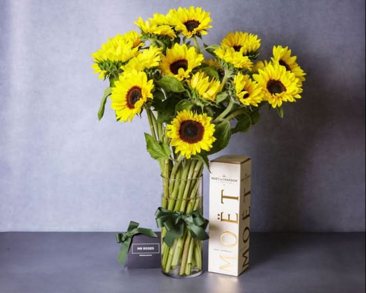 Sunflowers and Moet champagne