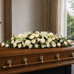 Funeral White Lilies, White Roses & White Disbuds Casket Flowers