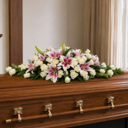 Funeral Pink Lilies & White Roses Casket Flowers