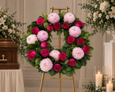 Light Pink Chrysanthemums & Hot Pink Roses Wreath