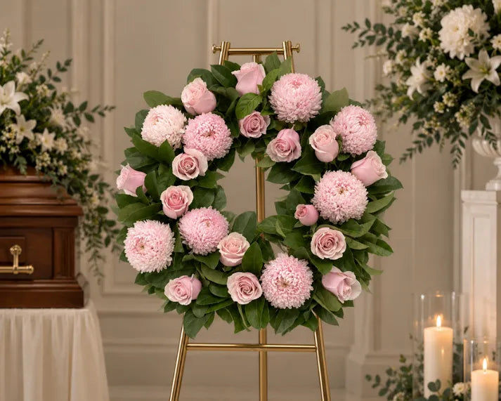 Light Pink Chrysanthemums & Light Pink Roses Wreath
