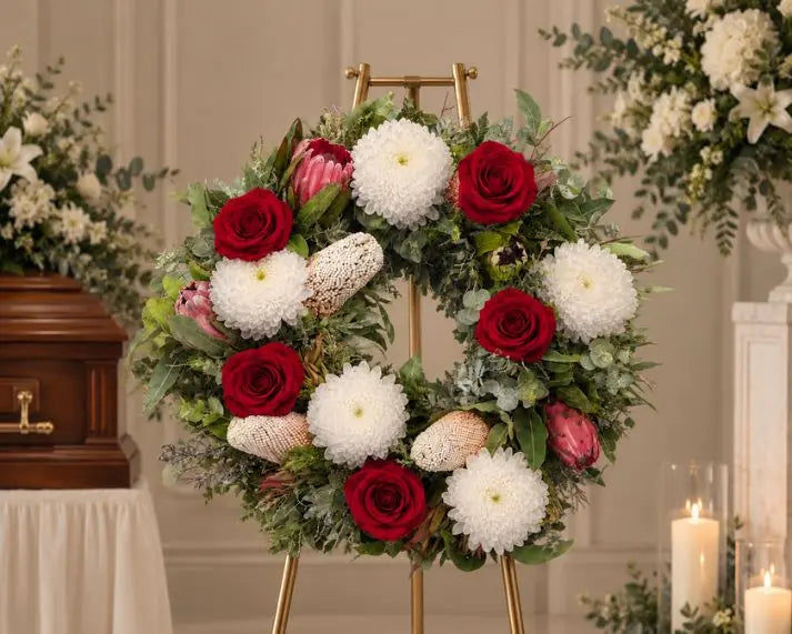 Wildflowers, Red Roses & White Chrysanthemums Wreath