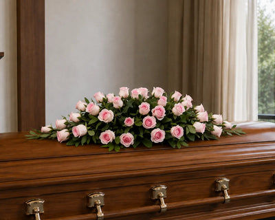 gorgeous mr roses pink roses funeral flowers casket spray