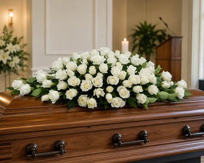 gorgeous white roses casket flowers