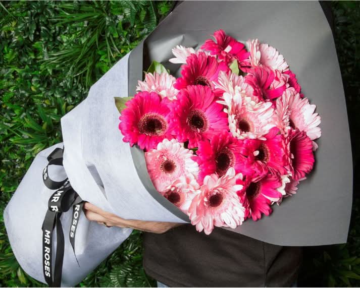 soft and hot pink gerbera flower bouquet by Mr Roses