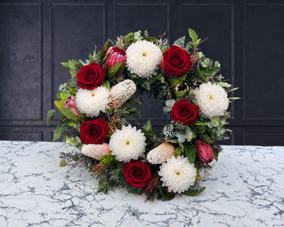 Wildflowers, Red Roses & White Chrysanthemums Wreath