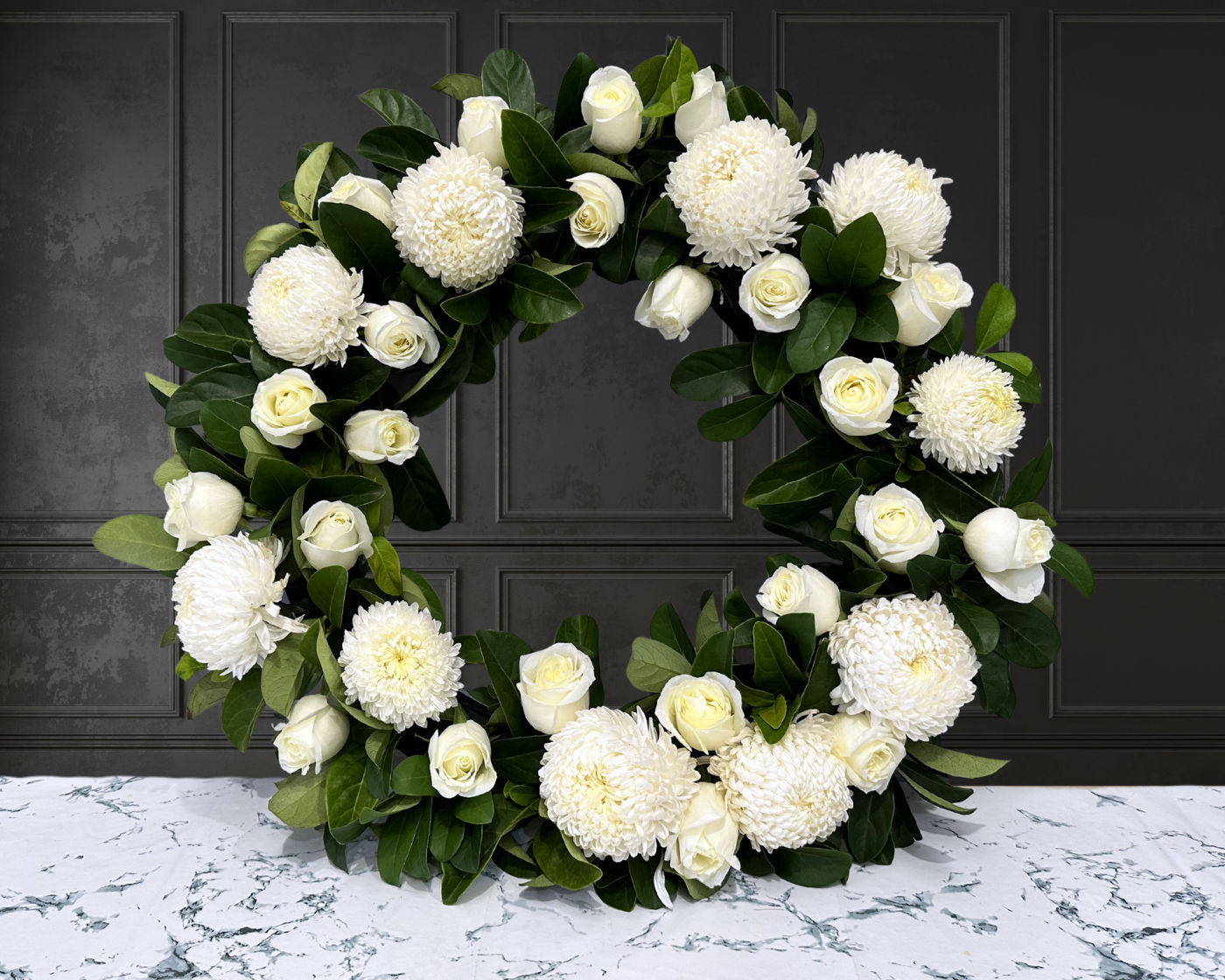 White Chrysanthemums & White Roses Wreath