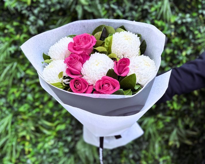 White Chrysanthemums & Pink Roses Bouquet