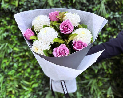 White Chrysanthemums & Purple Roses Bouquet