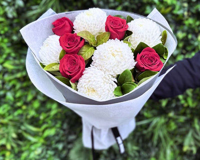 White Chrysanthemums & Red Roses Bouquet