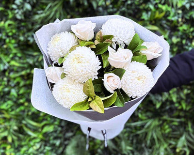 White Chrysanthemums & White Roses Bouquet