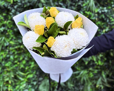 White Chrysanthemums & Yellow Roses Bouquet