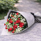 flower bouquet of red roses, baby’s breath and spray carnations