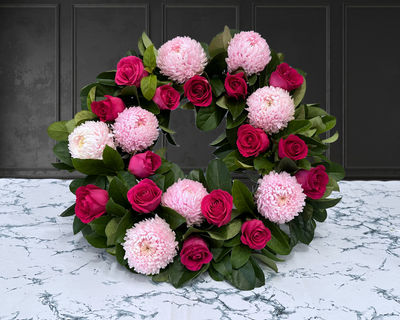 Light Pink Chrysanthemums & Hot Pink Roses Wreath