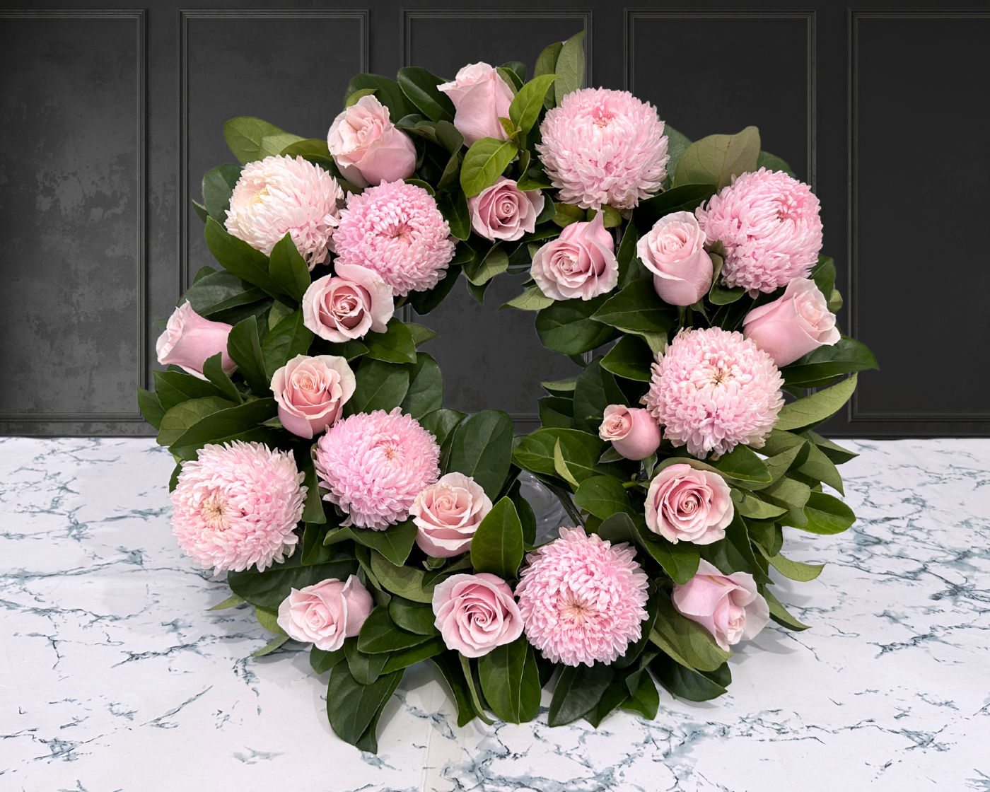 Light Pink Chrysanthemums & Light Pink Roses Wreath
