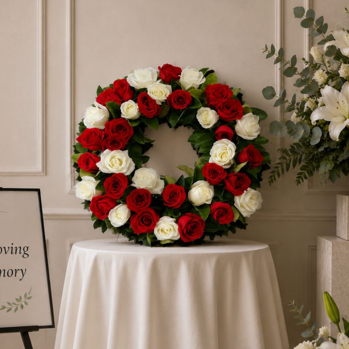 Red & White Rose Funeral Wreath