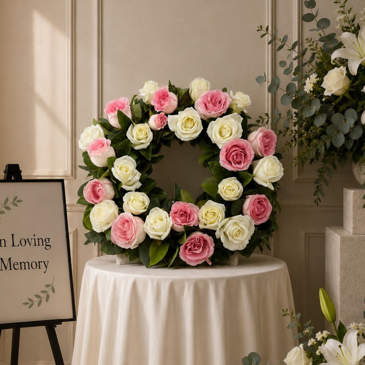 White & Pink Rose Funeral Wreath