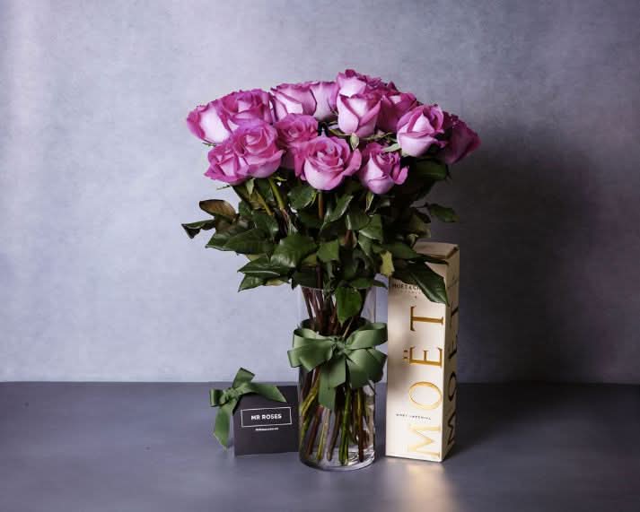purple roses and moet champagne