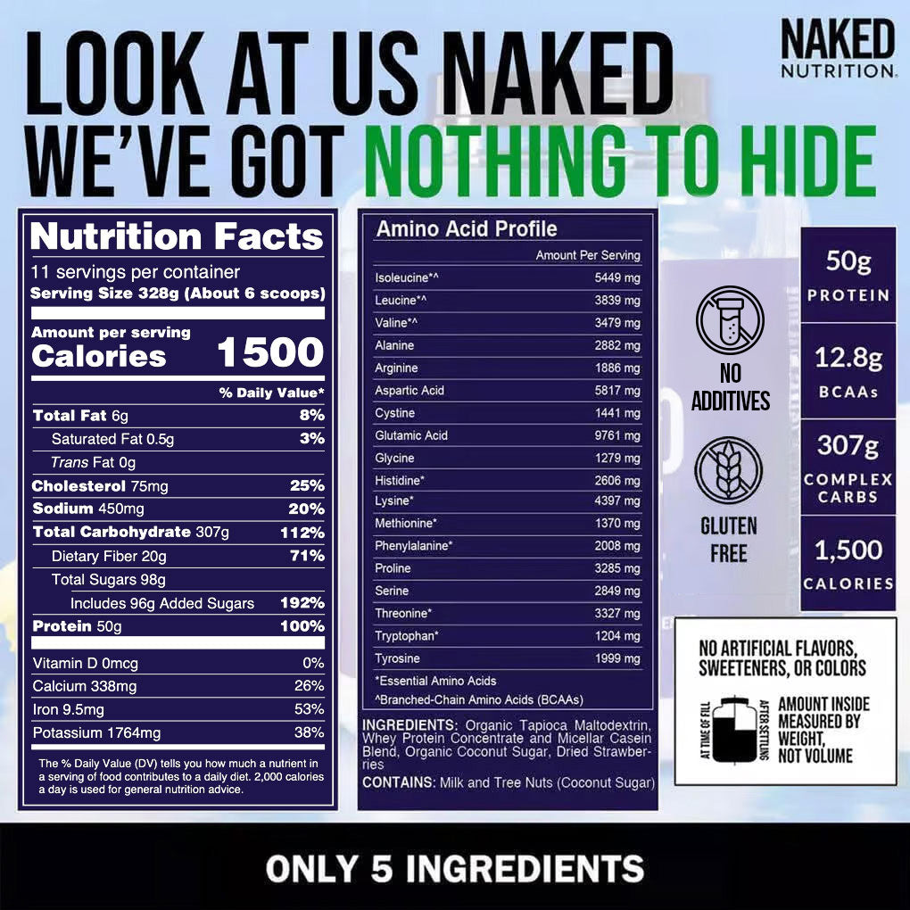 Strawberry Weight Gainer Protein Supplement | Naked Mass - 8LB