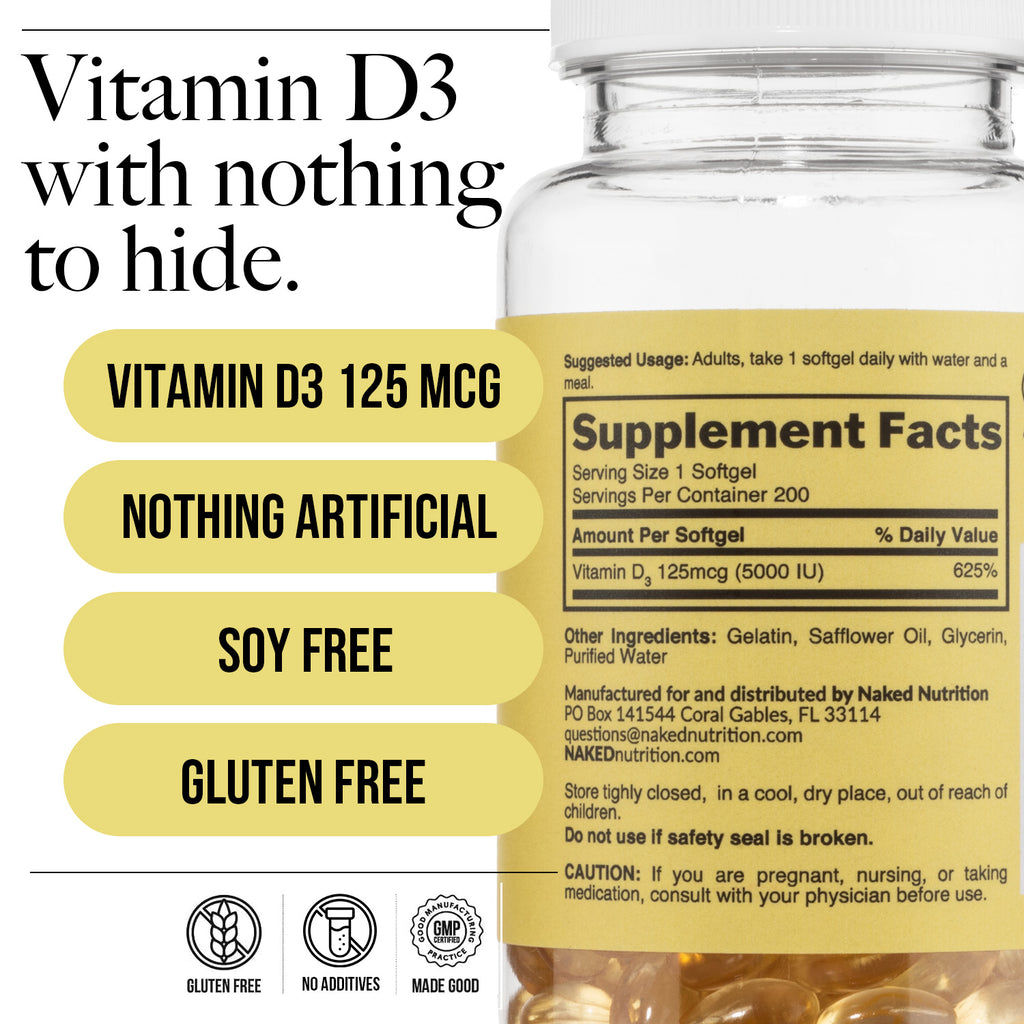 Daily Vitamin D3 Supplement | Naked Vitamin D - 200 Capsules