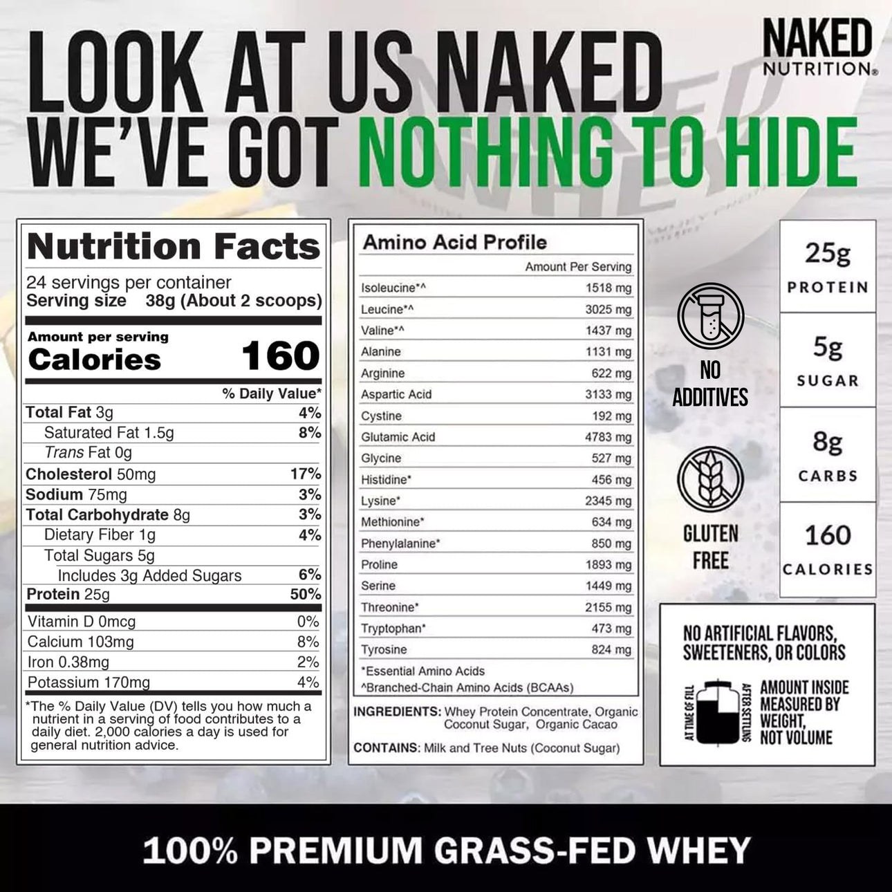 NAKED Whey Vanilla Protein Powder - Only 3 Ingredients - Grass Fed Whey Protein Powder, Vanilla Flavor, and Organic Coconut Sugar, No GMO, No Soy, and Gluten Free - 24 Servings