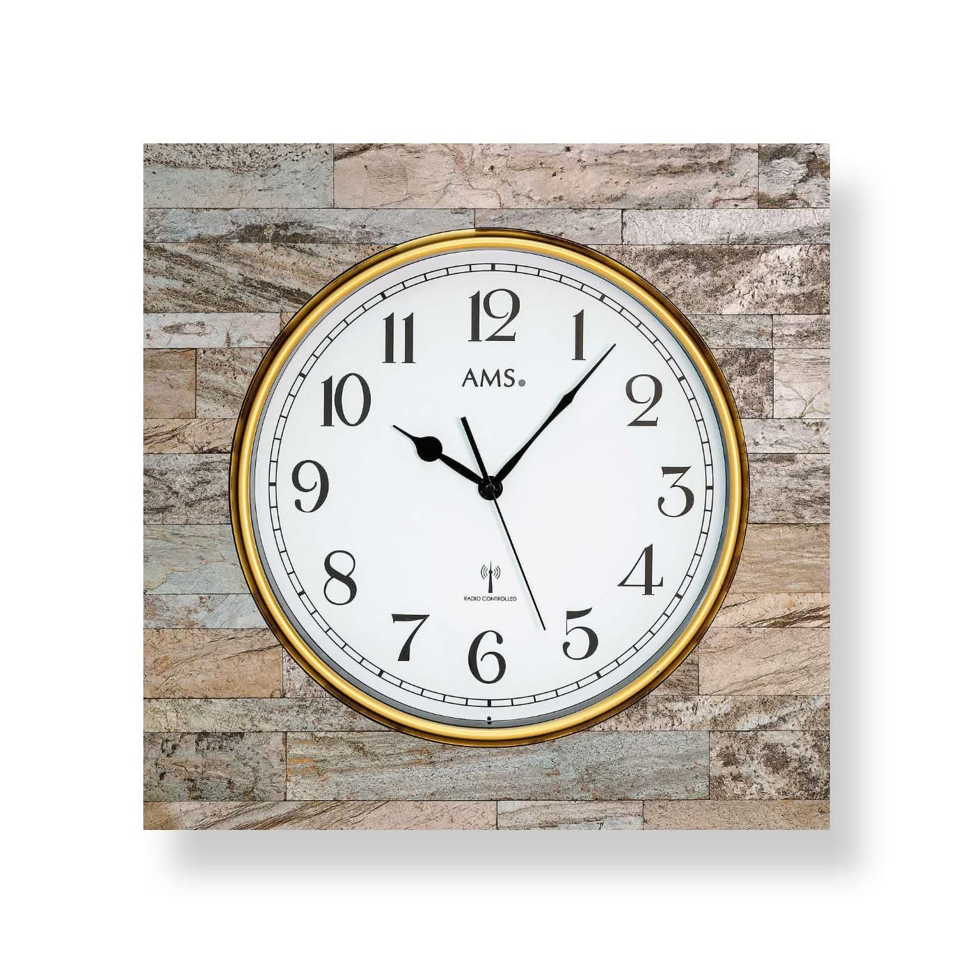 AMS Wanduhr 50x50x5 cm Holz • Präzises Funkwerk • Edles Holz-Stein-Design