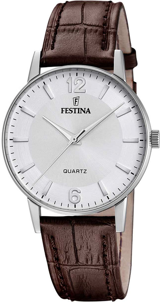 Festina Classics F20690/2 Herrenuhr • Weißes Zifferblatt • Braunes Lederarmband