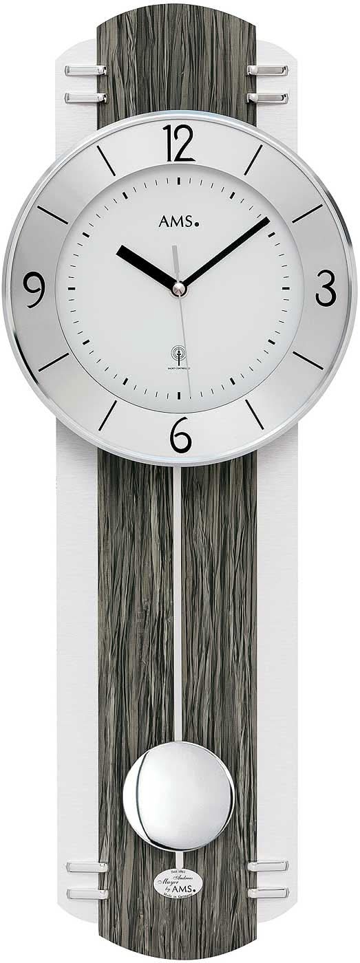 AMS Wanduhr 60x22x7 cm Holz und Aluminium • Funkgesteuert • Mit Pendel
