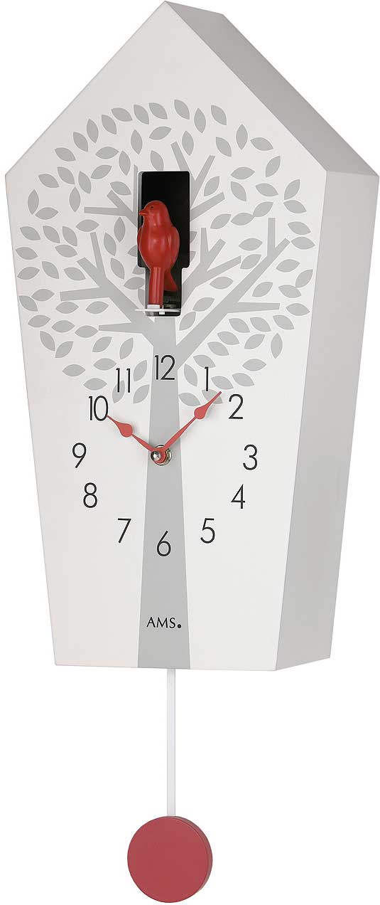 AMS Wanduhr 39x20x11 cm Holz • Moderner Kuckucksruf • Automatische Nachtabschaltung