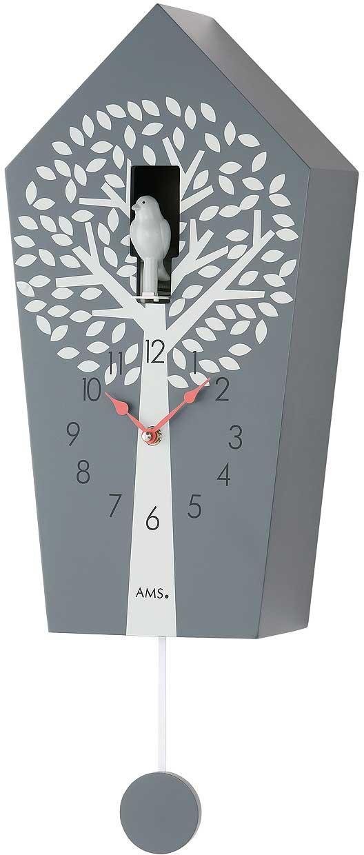 AMS Wanduhr 39x20x11 cm Holz • Moderner Kuckucksruf • Automatische Nachtabschaltung