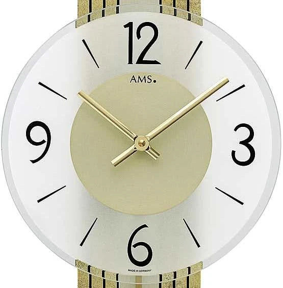 AMS Wanduhr 62 cm Holz • Quarzwerk • Modernes Design • Messingantik-Auflage