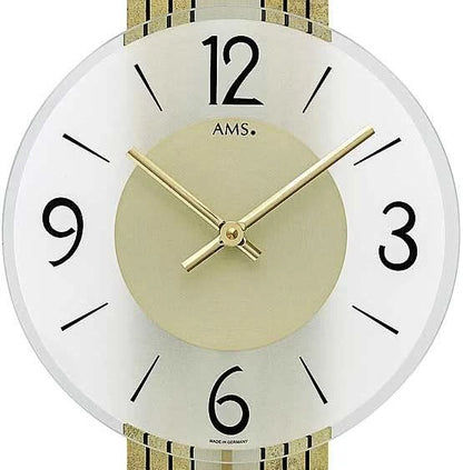 AMS Wanduhr 62 cm Holz • Quarzwerk • Modernes Design • Messingantik-Auflage