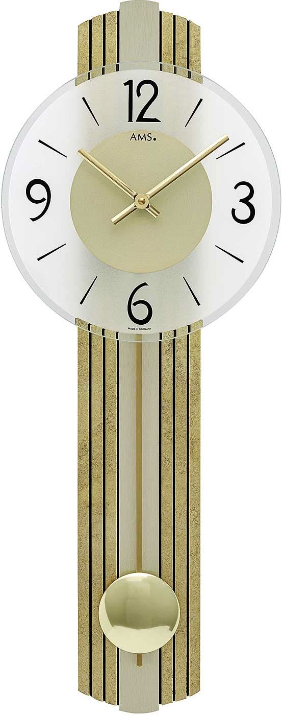 AMS Wanduhr 62 cm Holz • Quarzwerk • Modernes Design • Messingantik-Auflage