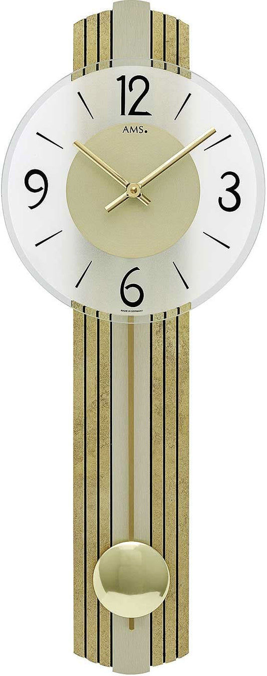 AMS Wanduhr 62 cm Holz • Quarzwerk • Modernes Design • Messingantik-Auflage