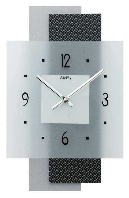 AMS Wanduhr 36x22x5 cm Holz & Glas • Geräuschloses Quarzwerk • Modernes Design