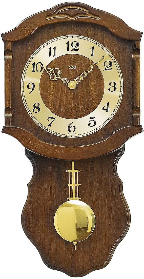 AMS Wanduhr 50x27x8 cm Nussbaumholz • Echtes Nussbaumholz • Quarzwerk mit Pendel