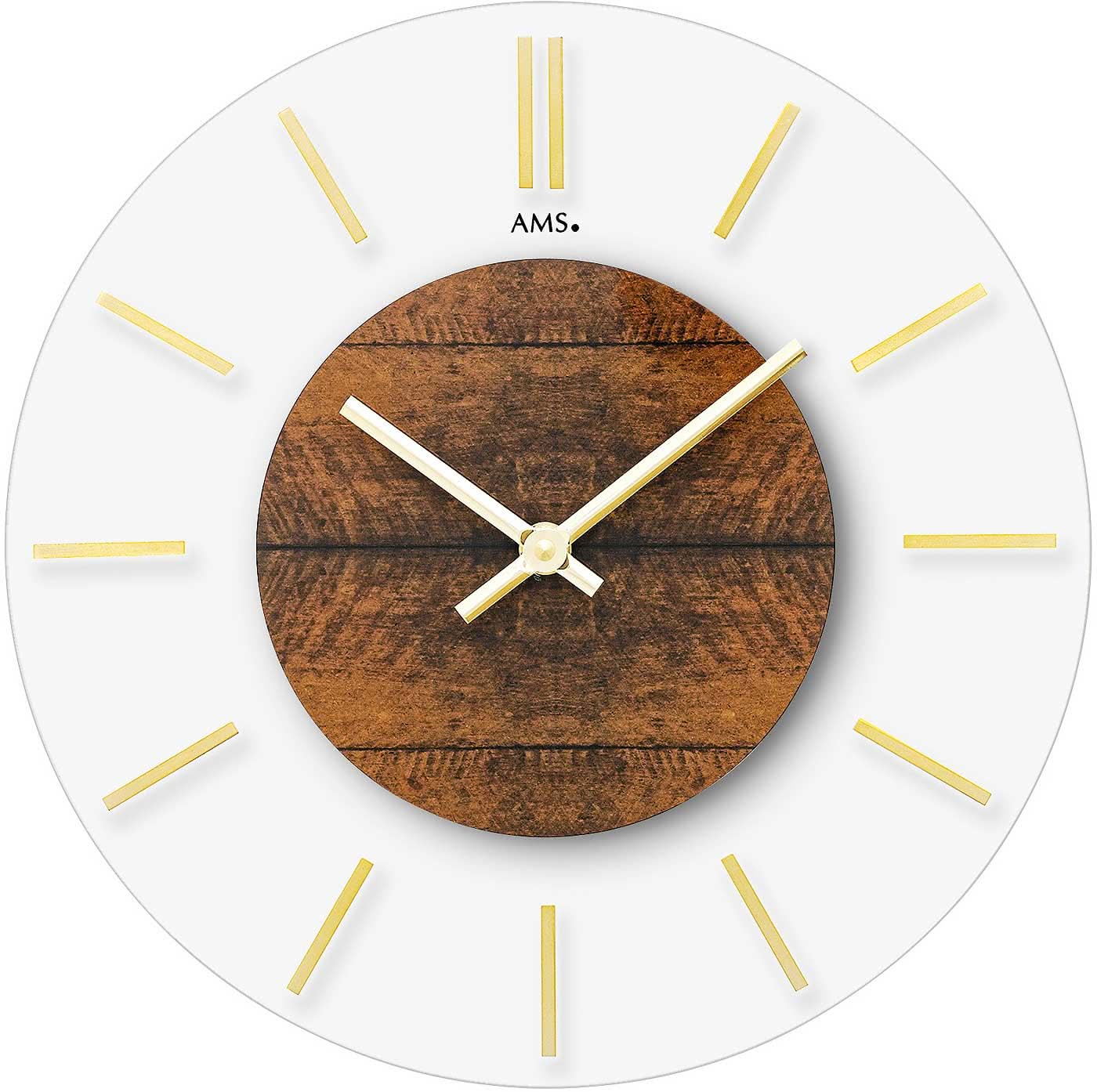 AMS Wanduhr 30x30x4 cm Glas und Holz • Modernes Design • Präzises Quarzuhrwerk