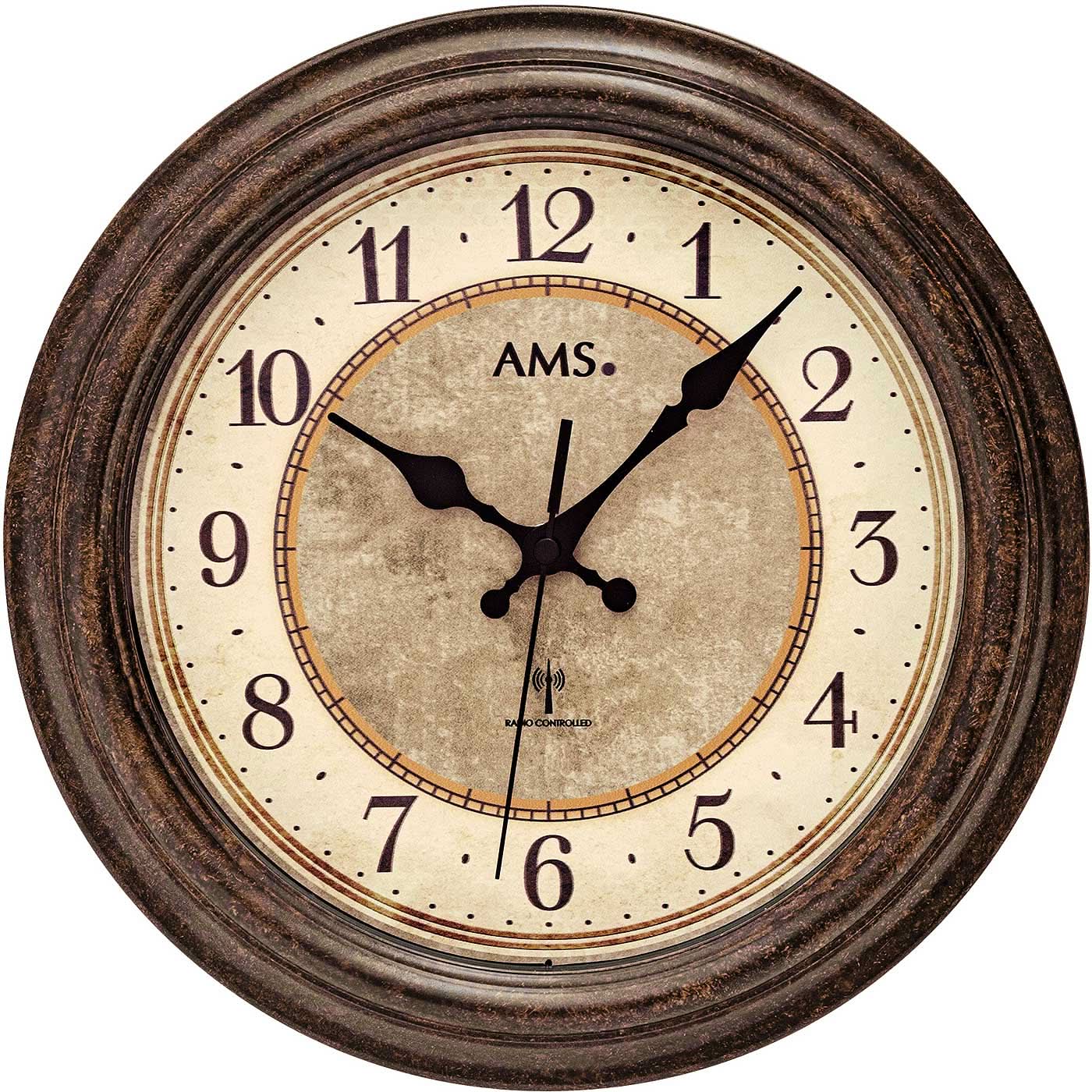 AMS Wanduhr Kunststoff • Funkgesteuert • Antikbraunes Design