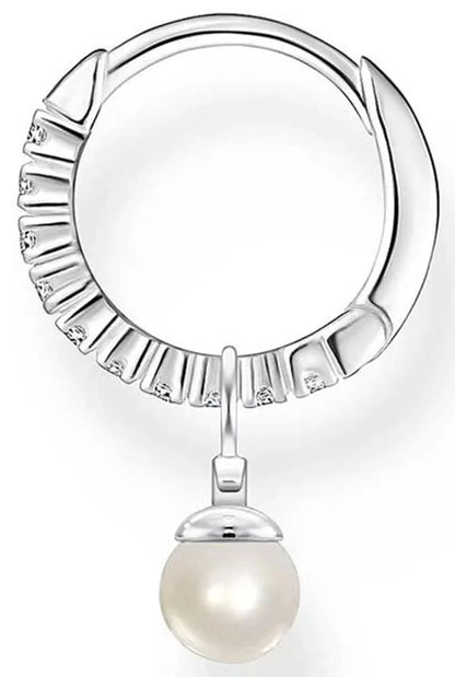Single Creole Hoop Earring with Stone and Pearl Pendant